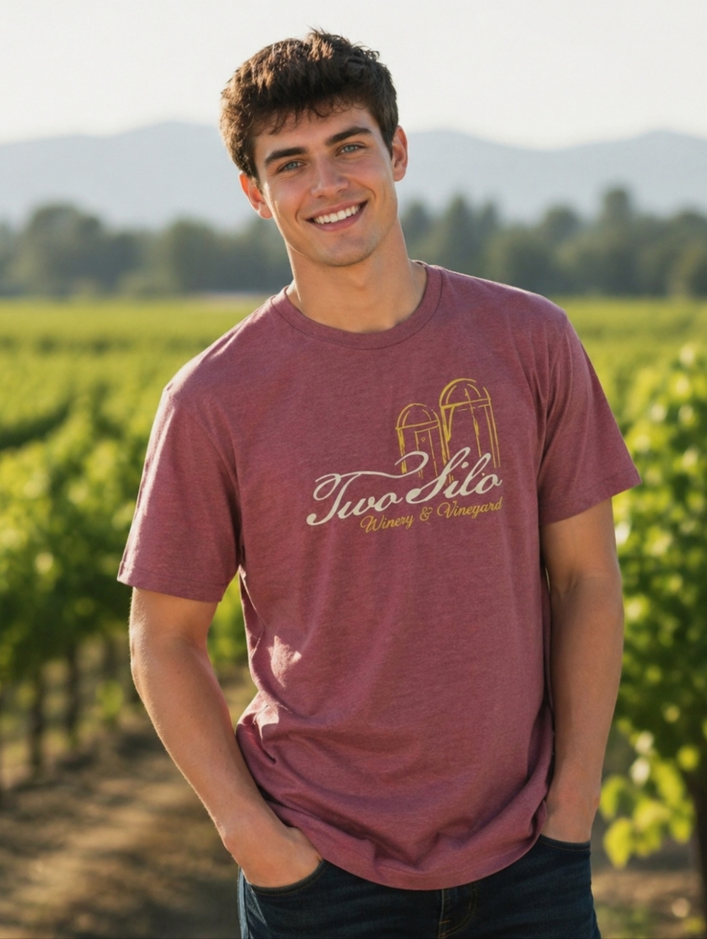 EUC Two Silo Winery & Vineyard Logo Heather Maroon Size Medium Tshirt Top!